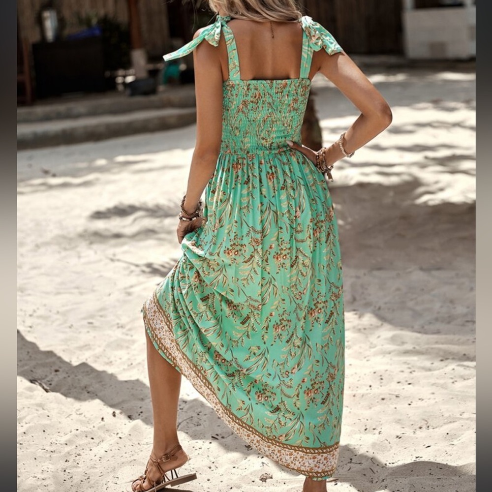 Boho Floral Print Smocked Shoulder Tie Cami Dress - Picture 2 of 5